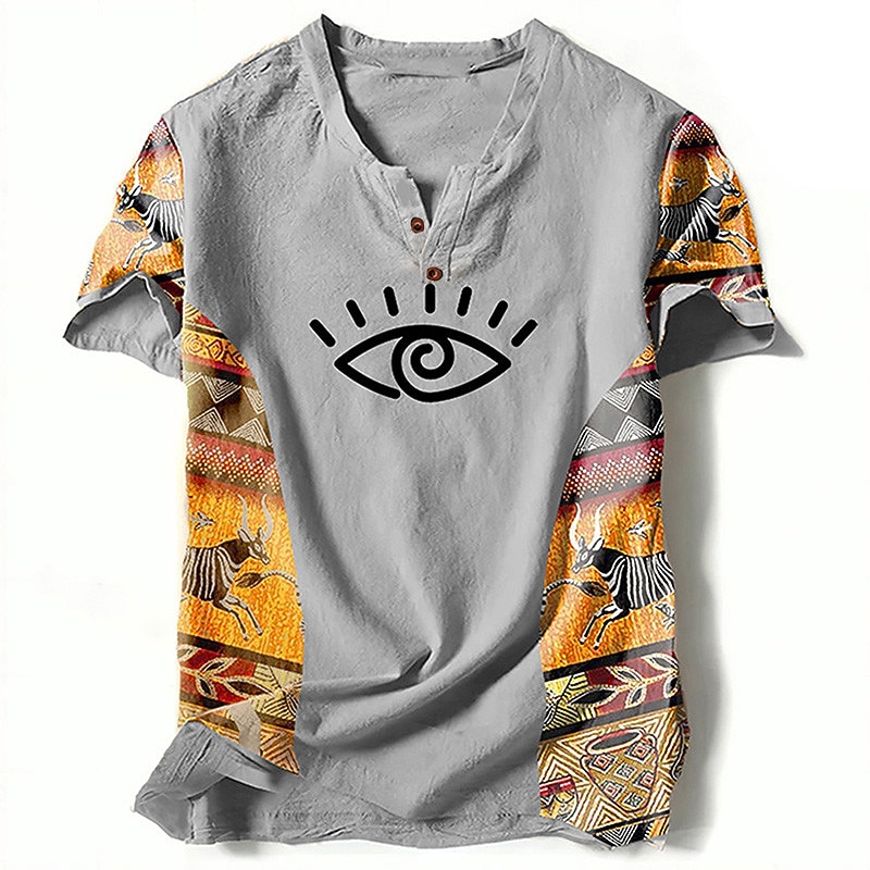 Men's Graphic Color Block Tribal T Shirt Henley Shirt Short Sleeve 3D Printing Designer Ethnic Classic Outdoor Vacation Daily Spring & Summer Blue Green Khaki Gray V Neck Henley T-Shirt4