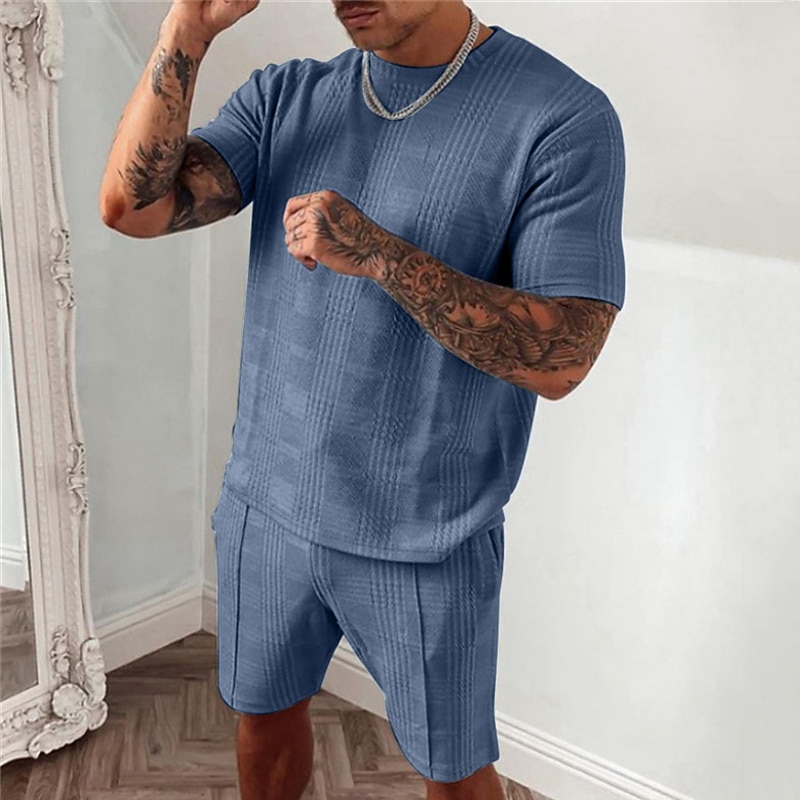 Men's T-shirt Suits Tracksuit Tennis Shirt Shorts and T Shirt Set Short Sleeves Crew Neck Summer Plaid Gymnatics Casual 2 Piece Vacation Daily Wear Activewear Black Blue Dark Green Top Tee for Men4