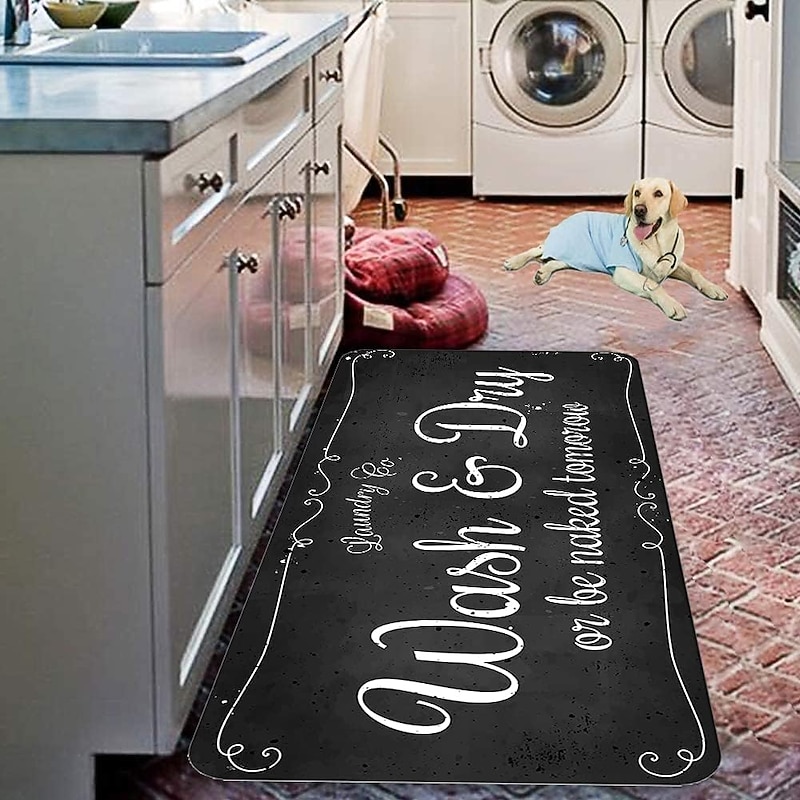 Laundry Bath Mat Non-slip Runner Non Skid Machine Washable Area Rugs Laundry Decor for Kitchen, Bath, Washroom Blue White3