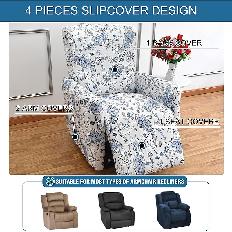 Reclining Couch Covers One Seat Recliner Chair Slipcovers Furniture Cover for Recliner Couch Cover Floral with Elastic Bottom(Include 1 Backrest Cover, 1 Seat Cover, 2 Armrest Cover)4