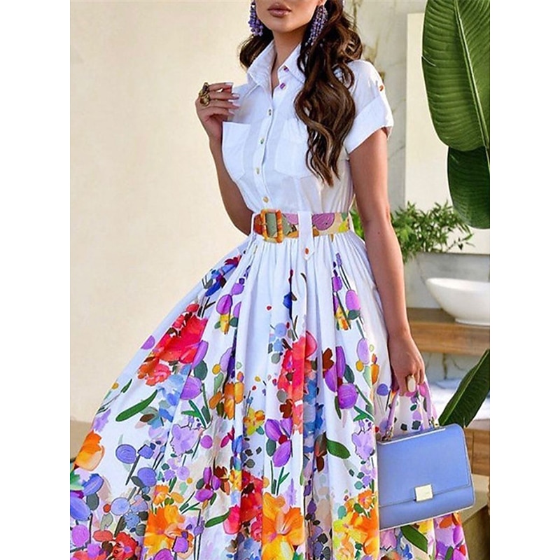Women's Shirt Dress Casual Dress Swing Dress Maxi long Dress Outdoor Daily Date Fashion Modern Shirt Collar Button Print Short Sleeve Summer Spring Loose Fit Floral2