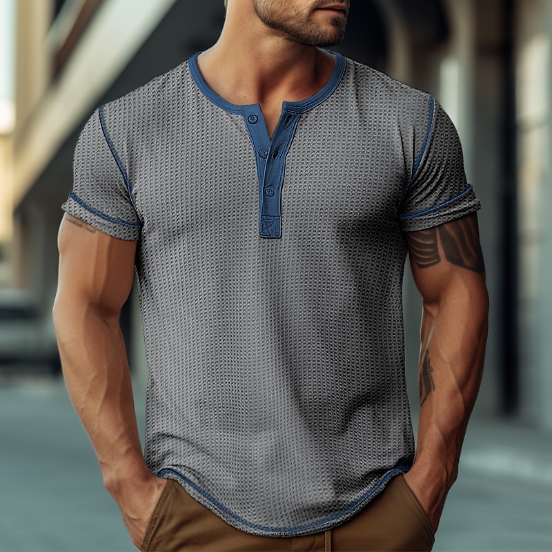 Men's Waffle Tee Button T Shirt Waffle Henley Shirt Henley Shirt Short Sleeves Henley Summer Color Block Fashion Designer Basic Patchwork Vacation Street Going out Black White Navy Blue Top Tee for2