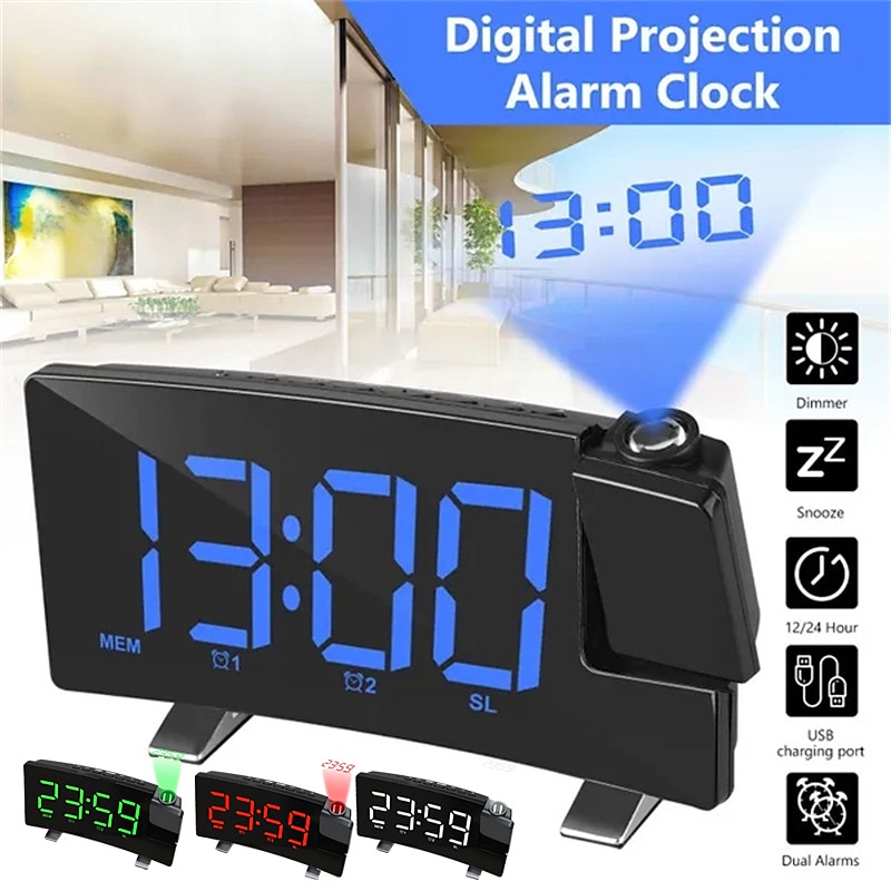 Projection Clocks FM Radio Curved-Screen Digital Alarm Clock LED Display with Dimmer Dual Alarm with USB Charging Port 12/24 Hours Backup Battery for Clock Setting