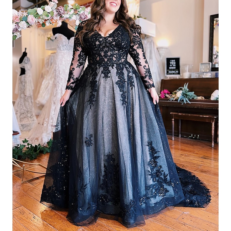 A-Line Evening Gown Black Dress Formal Wedding Court Train Sleeveless V Neck Fall Wedding Reception Tulle with Slit Appliques4