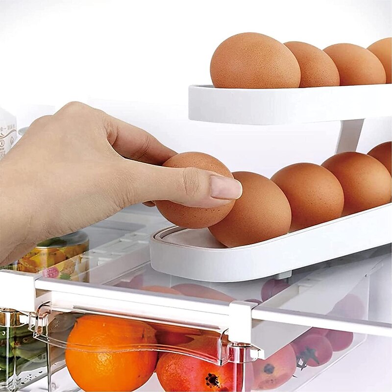 Egg Dispenser, Automatic Roll-on 2-Tiers Egg Trays, Egg Storage Box For Refrigerator, Plastic Egg Basket, Egg Fresh-Keeping Organizer, Kitchen Storage Accessories4