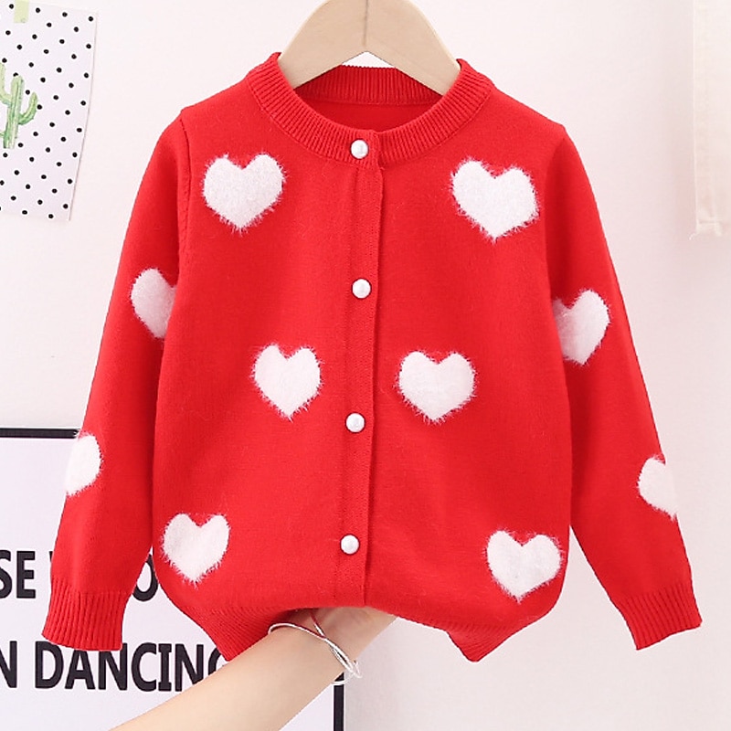 Kids Girls' Sweater Coat Heart Fashion Buttons Outdoor Coat Outerwear 2-8 Years Spring White Pink Red3