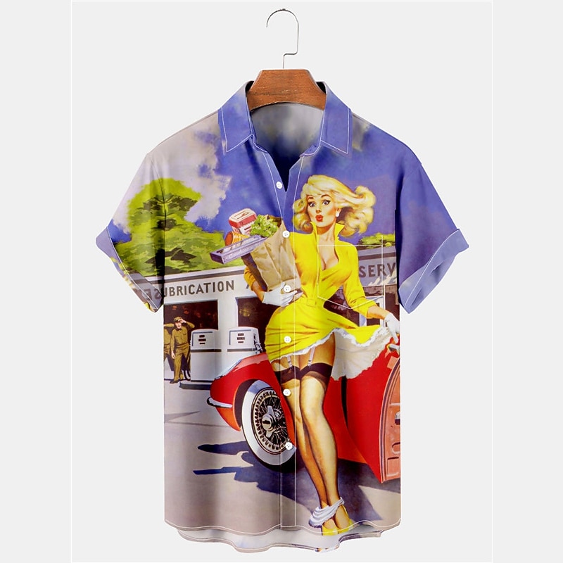 Men's Car Pin Up Girl Shirt Summer Hawaiian Shirt Aloha Shirt Short Sleeves Shirt Turndown Fashion Designer Casual Outdoor Street Casual Wine Blue S M L