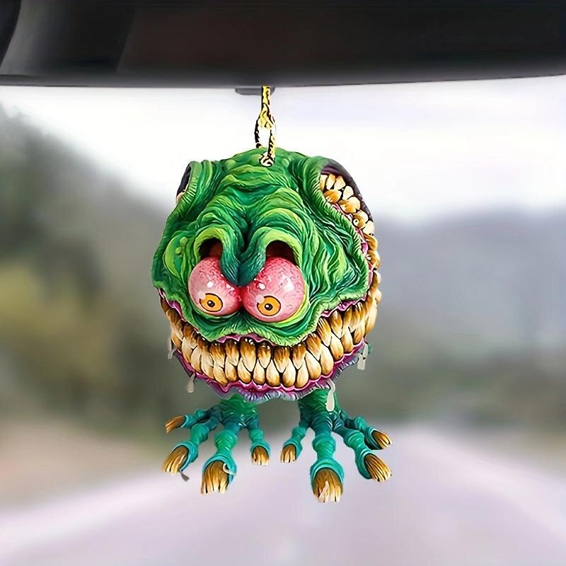 2PCS Cartoon Big Mouth Monster Car Pendant, Acrylic Flat Doll Model, Rat Fink Crazy Mouse Driving Statue, Halloween Car Accessories, Home Decor2