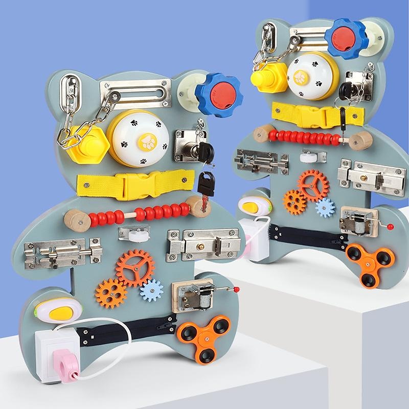 Montessori Teaching Aids Wooden Double-Sided Bear Busy Board Montessori Drawing Board Mechanism Unlocking Educational Toys Go to School Holiday Gifts for Kids