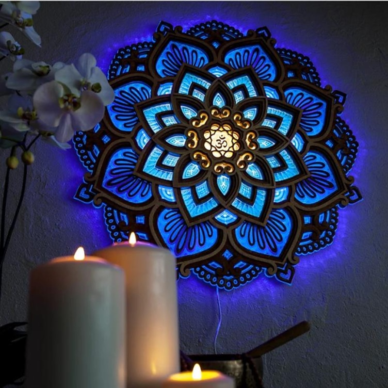 Mandala Night Light Wooden Decorative Lamp Yoga Room LED Night Light Multilayered Laser Cut Carved Light Wall Decor for Home Living Room Bedroom Ornament 1PC