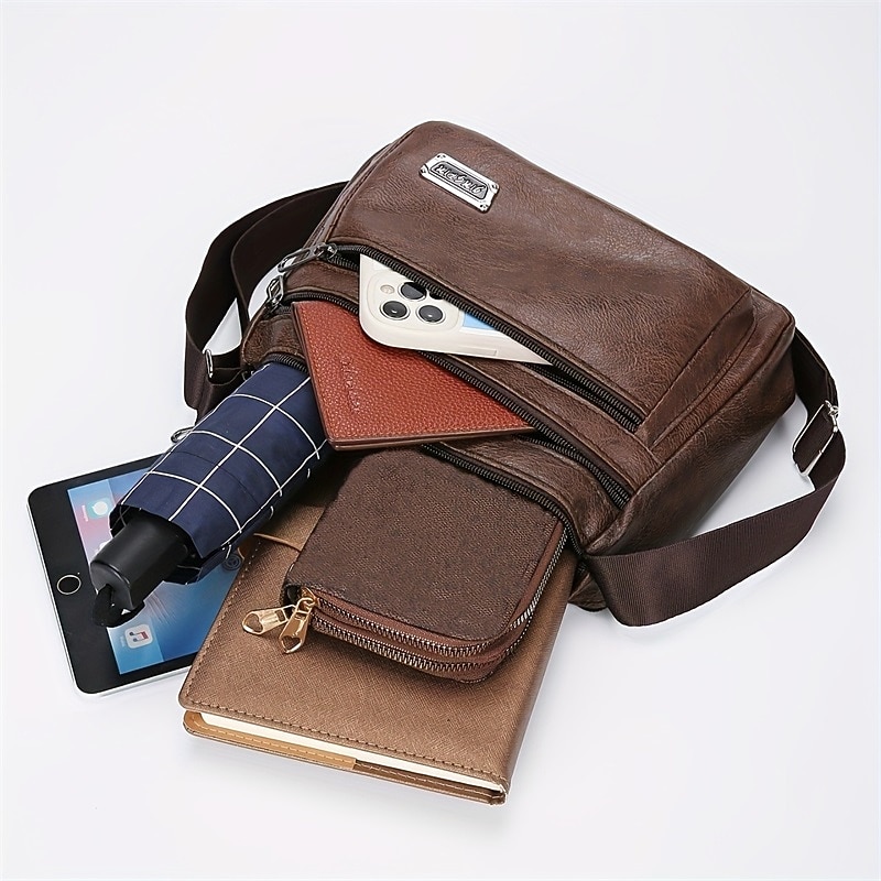 Men's Brown Faux Leather Crossbody Bag - Multi-Zipper Pockets Messenger Shoulder Bag for Everyday Use and Travel4