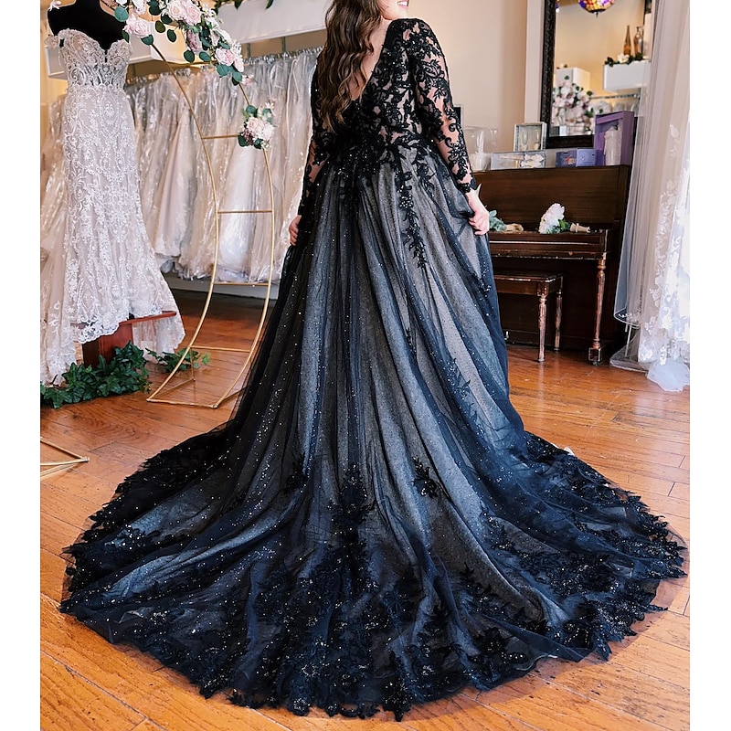 A-Line Evening Gown Black Dress Formal Wedding Court Train Sleeveless V Neck Fall Wedding Reception Tulle with Slit Appliques2
