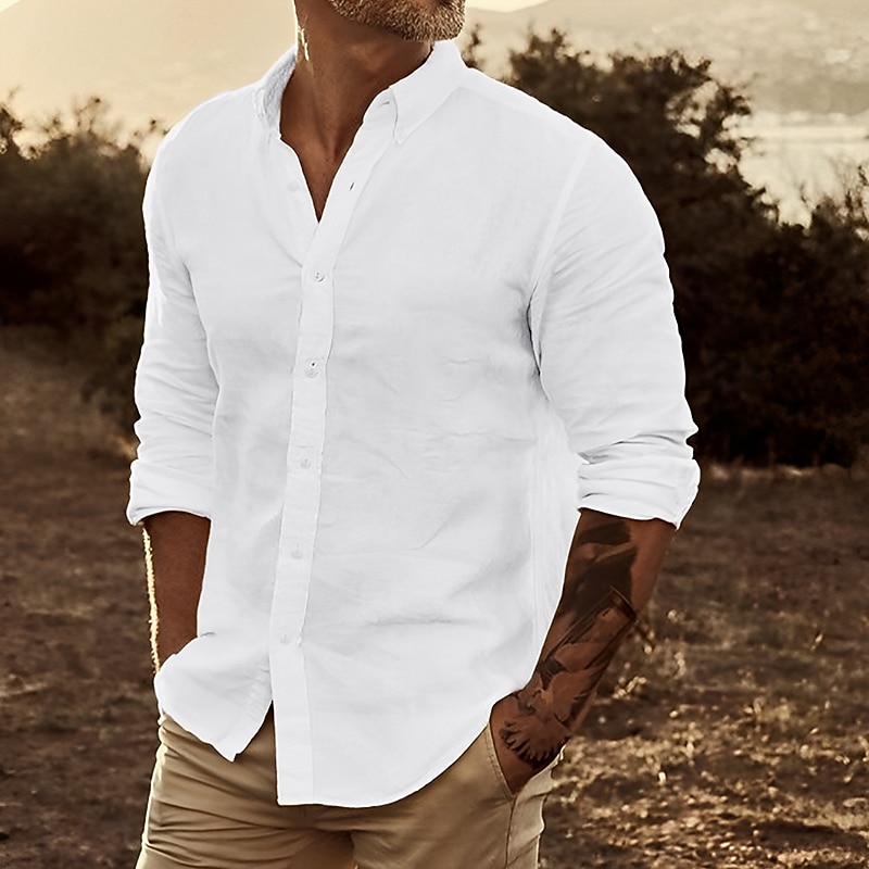 Men's Linen Shirt Summer Shirt Beach Wear Button Up Shirt Untucked Shirts Plain Vacation Casual White Yellow Pink Blue Long Sleeve Lapel Spring & Summer Clothing Apparel2