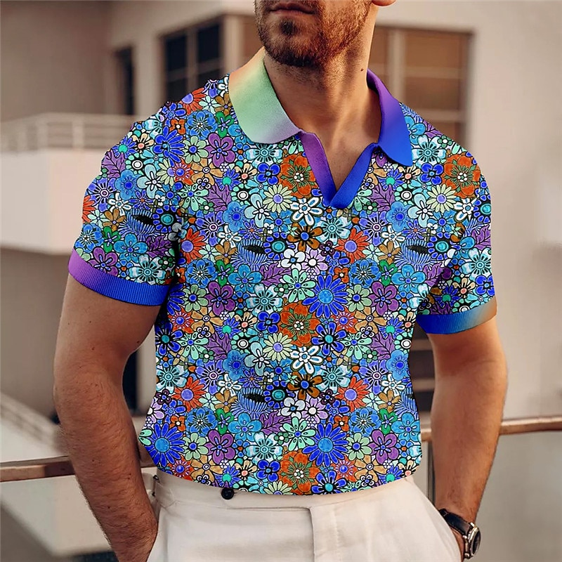 Kentucky Derby Men's Floral Hawaiian Polo Shirts Golf Shirt Short Sleeve Polo Shirts V Neck Casual Beach Wear Vacation Wear Tropical Wear Party Outfits 3D Print Blue-Green Yellow Red3