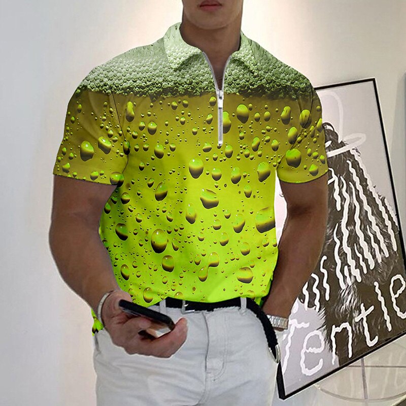Oktoberfest Men's Polo Shirt Lapel Polo Zip Polo Golf Shirt Graphic Prints Beer Turndown Blue-Green Yellow Wine Blue Green Outdoor Street Short Sleeves Zipper Print Clothing Apparel Fashion Designer2