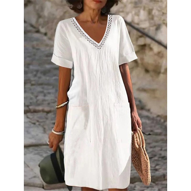 Women's Black White Pink Summer Spring Midi Dress Linen-Inspired Dresses White Dress Casual Dress Classic Modern Casual Outdoor Vacation Daily Loose Fit Plain V Neck