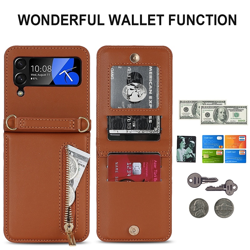 Phone Case For Samsung Galaxy Z Flip 7 Z Flip 6 Z Flip 5 Z Flip 4 Z Flip 3 Handbag Purse Wallet Case Zipper with Removable Cross Body Strap With Card Holder Solid Color PC PU Leather3