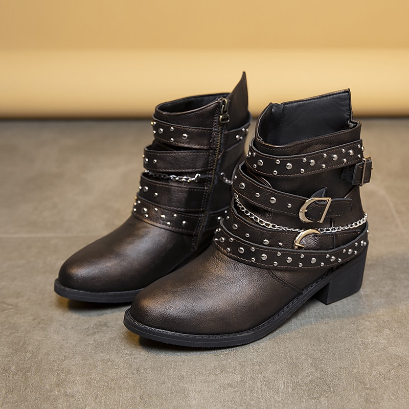 Women's Black Studded Ankle Boots with Multiple Buckle Straps - Edgy Design for Casual and Night Out Looks3