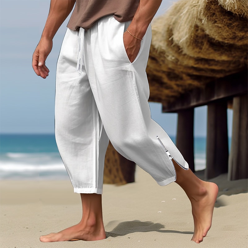 Men's Linen Pants Summer Pants Beach Pants Drawstring Elastic Waist Zip Leg Plain Comfort Breathable Casual Daily Holiday Fashion Classic Style Black White