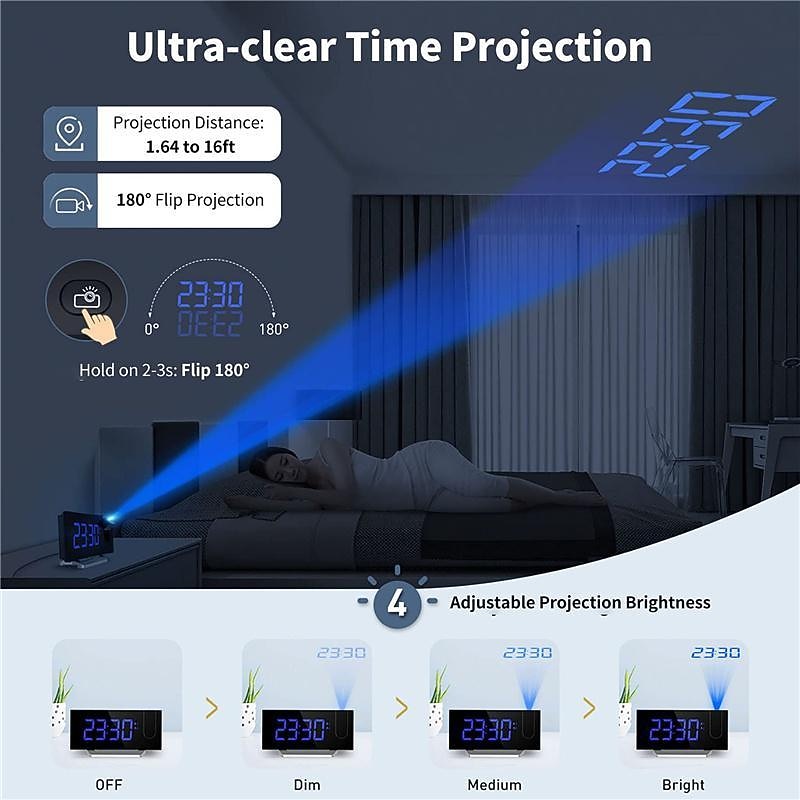 Projection Clocks FM Radio Curved-Screen Digital Alarm Clock LED Display with Dimmer Dual Alarm with USB Charging Port 12/24 Hours Backup Battery for Clock Setting3