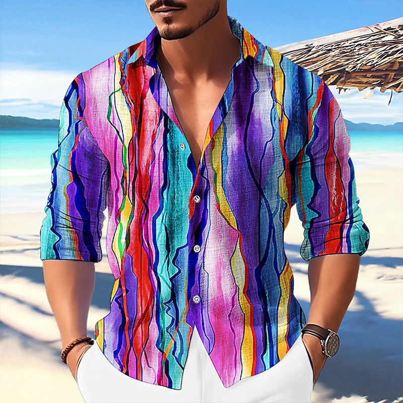 Men's Color Block Gradient Geometric Pattern Shirt Button Up Shirt Long Sleeve Fashion Streetwear Designer Outdoor Casual Daily Fall Winter Autumn / Fall Turndown Print Purple Green - Main Image