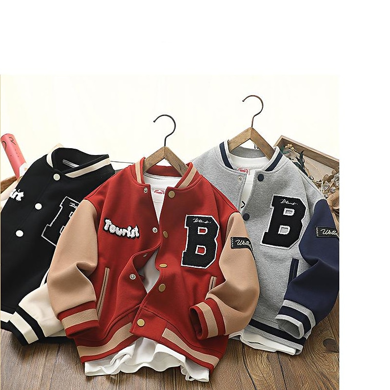 Boys 3D Cartoon Letter Coat Long Sleeve Fall Winter Active Adorable Polyester Kids 3-12 Years Daily Regular Fit