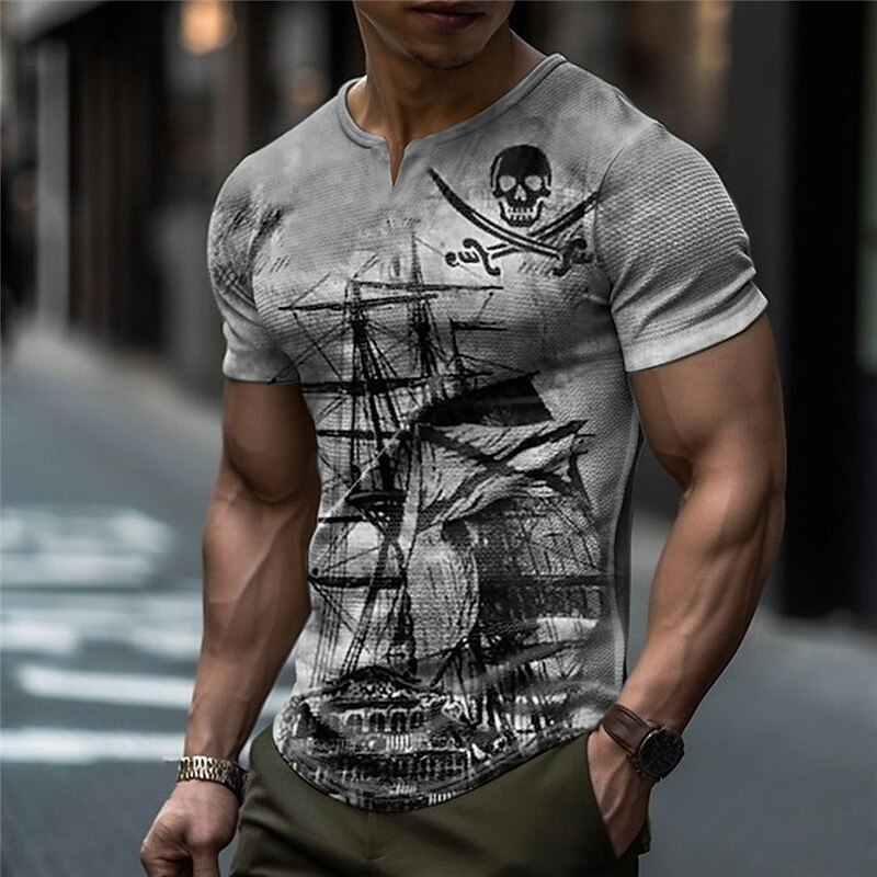 Men's Graphic Haunted Pirate Ship Nautical Pirate Skulls Waffle T Shirt Short Sleeve T shirt 3D Print V Neck Shirt Fashion Designer Basic Outdoor Daily Sports Blue Green Khaki Summer Clothing Apparel