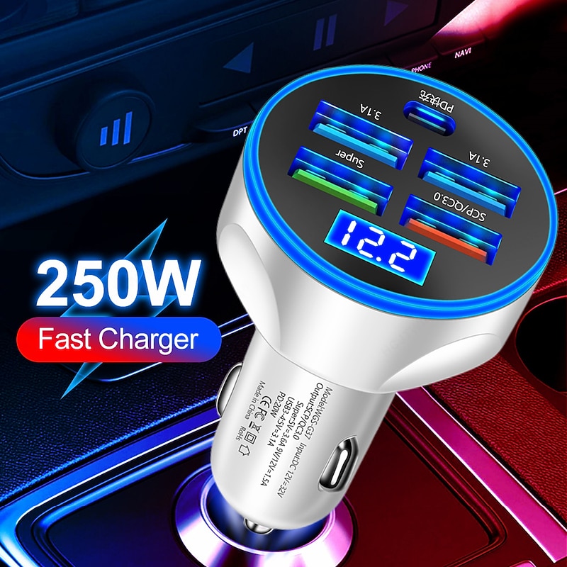 250W PD USB Car Charger Fast Charging Type C USB Phone Adapter In Car For Car Quick Charger