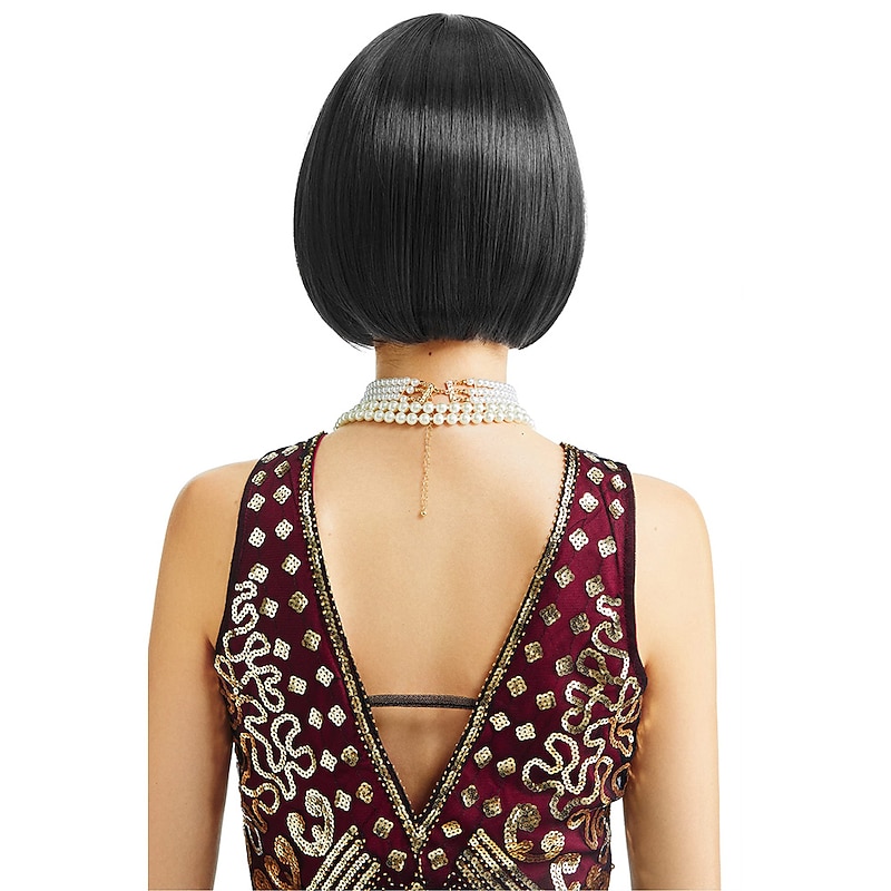 1920s Flapper Short Wig Great Gatsby Bobo Wig Black Straight Wig Flapper Costume Hair Wigs Accessory Halloween Wigs4
