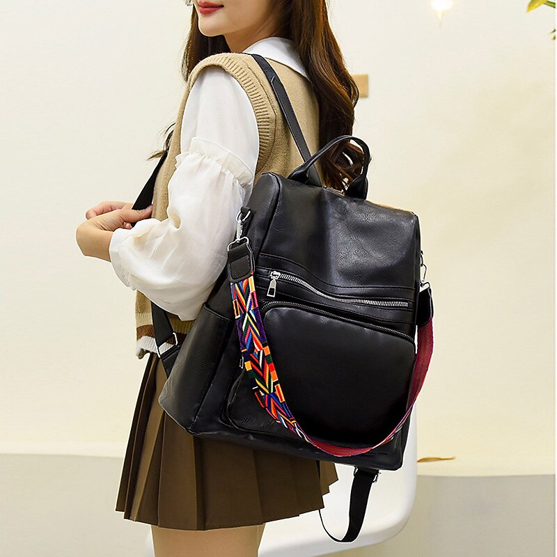 Women's Backpack School Bag Bookbag Commuter Backpack School Daily Solid Color PU Leather Large Capacity Waterproof Lightweight Zipper Coffee color Black Red4