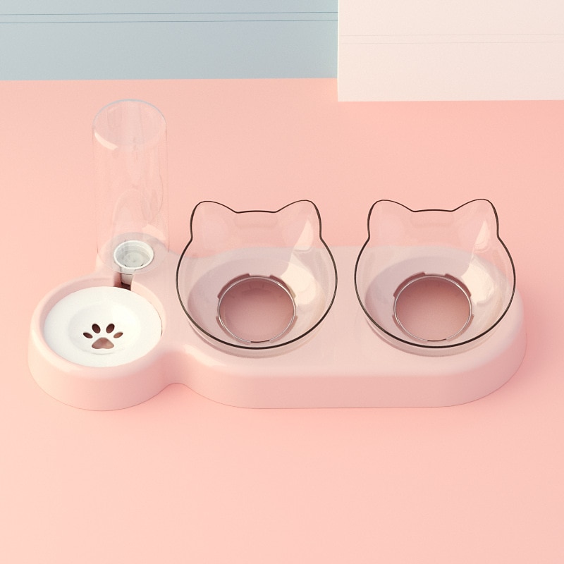Pet Cat Bowl Automatic Feeder 3-in-1 Dog Cat Food Bowl With Water Fountain Double Bowl Drinking Raised Stand Dish Bowls For Cats