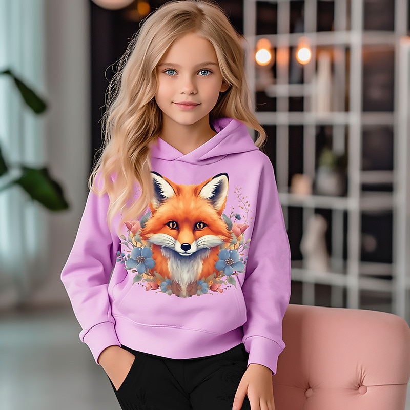 Girls' 3D Graphic Cartoon Fox Hoodie Long Sleeve 3D Print Summer Spring Fall Active Fashion Cute Kids 3-12 Years Outdoor Casual Daily Regular Fit3