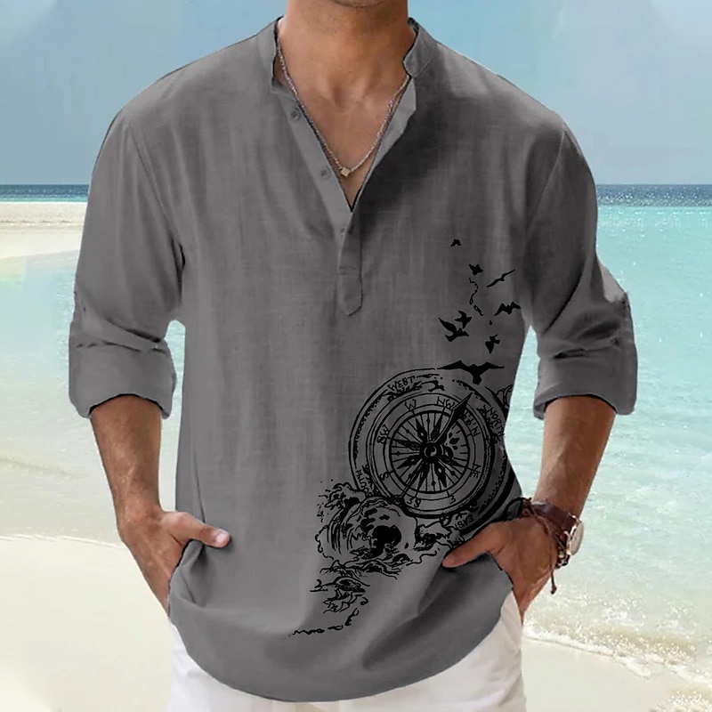 Men's Bird Nautical Vintage Shirt Button Up Shirt Long Sleeve Vintage Fashion Streetwear Casual Going out Summer Spring Fall Stand Collar Print Black Pink Orange Green Khaki2