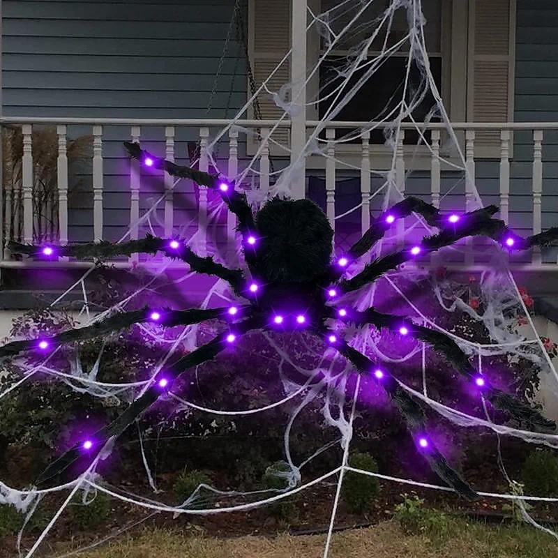 Large Halloween Spider Decoration Light Up Spider Web for Spooky Indoor & Outdoor Parties Halloween Luminous Spider Web Triangular Web Fan-Shaped Web Luminous Spider Electric Plush Big Spider