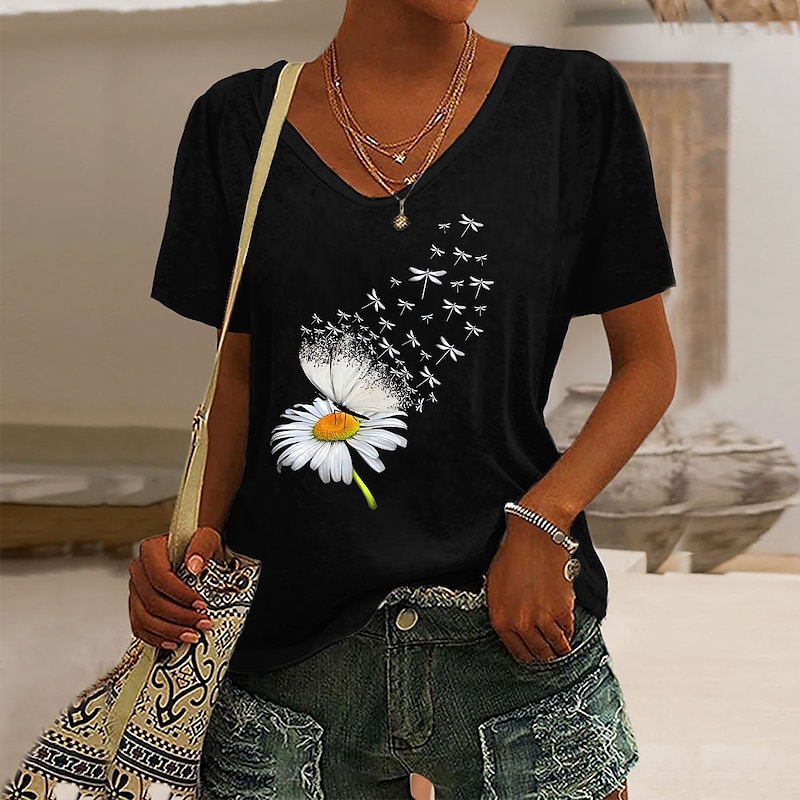 Women's T Shirt Butterfly Dandelion Basic Short Sleeve V Neck Regular Tops Weekend Print Black Pink Blue Purple Green Summer