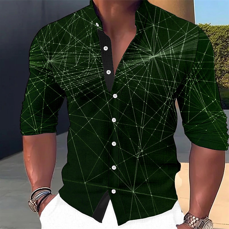 Men's Shirt Dress Shirt Geometric Pattern Outdoor Casual Blue-Green Blue Brown Green Long Sleeve Stand Collar Summer Spring Clothing Apparel Print3