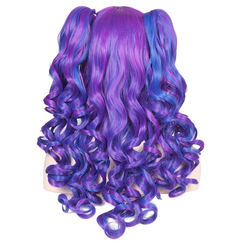 Color Ground Long Curly Cosplay Wig with 2 Ponytails Halloween Wigs3