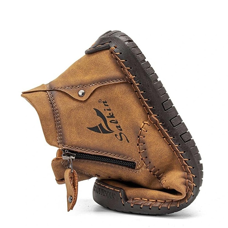 Men's Brown Leather Casual Ankle Boots with Zipper and Hand-Stitched Design - Comfortable and Lightweight for Everyday and Outdoor Wear3