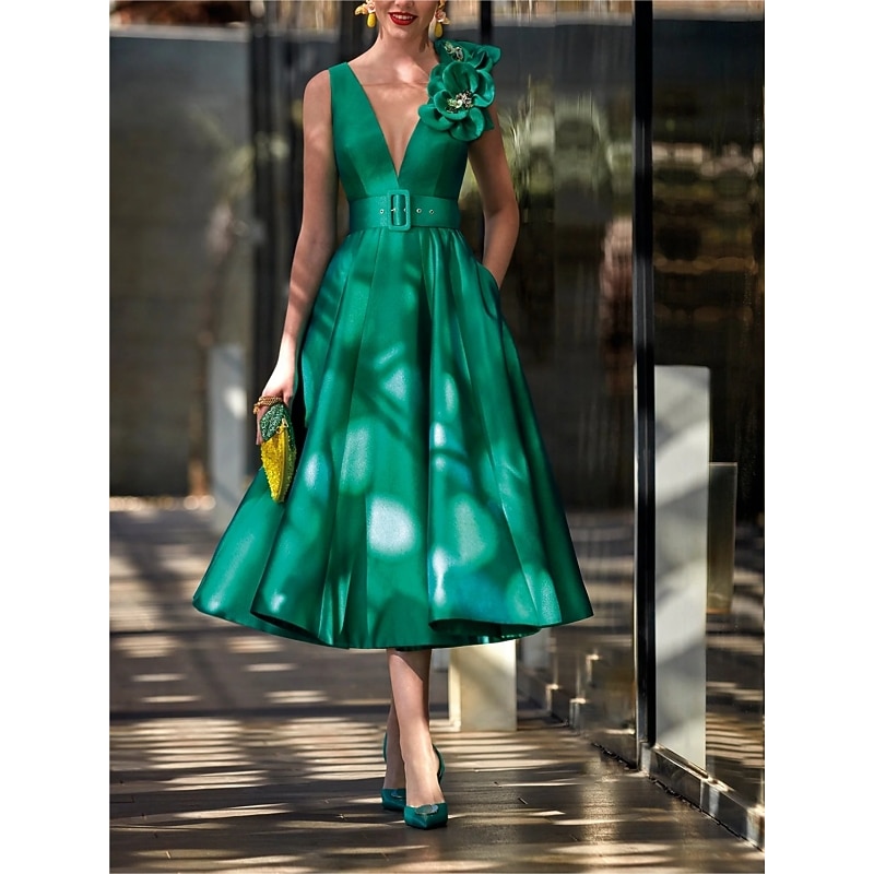 Beach Wedding A-Line Cocktail Dresses Elegant Dress Formal Wedding Guest Tea Length Sleeveless V Neck Belt / Sash Satin with Pleats Shouder Flower Dresses