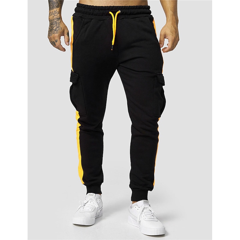 Men's Fleece Pants Sweatpants Joggers Trousers Cargo Sweatpants Drawstring Elastic Waist Elastic Cuff Color Block Comfort Warm Casual Daily Holiday Sports Fashion Yellow Red3