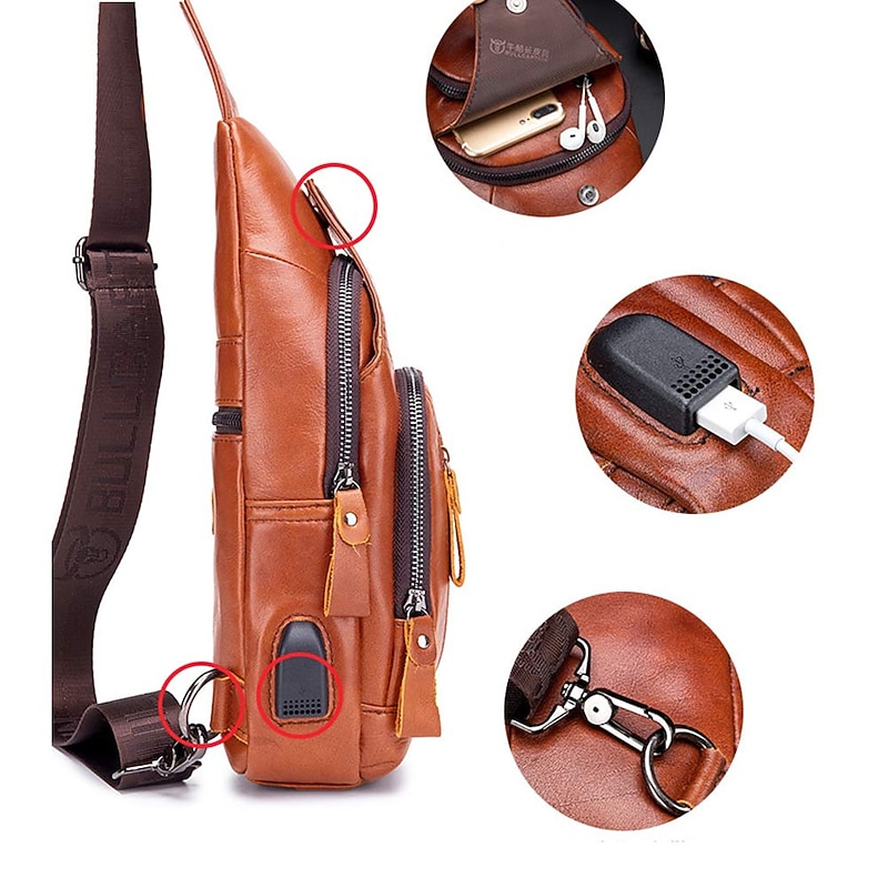 2023 cowhide Leather Casual Fashion Crossbody Chest Bag men's leather bag USB Charging Travel Shoulder Bag Daypack Male4