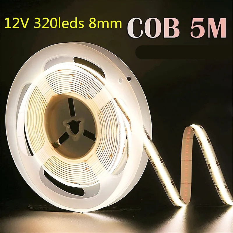 5M DC 12V LED COB Strip Light 8MM High Density Linear Lighting 320LEDs Flexible Tape Ribbon Lights Warm Natural White Decor RA90