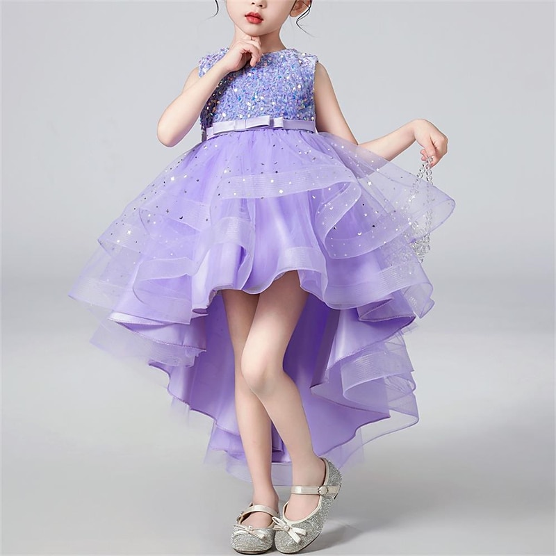Kids Girls' Dress Party Dress Solid Color Sleeveless Performance Wedding Special Occasion Sequins Mesh Elegant Fashion Adorable Polyester Maxi Party Dress Feather Dress Swing Dress Summer Spring 3-134