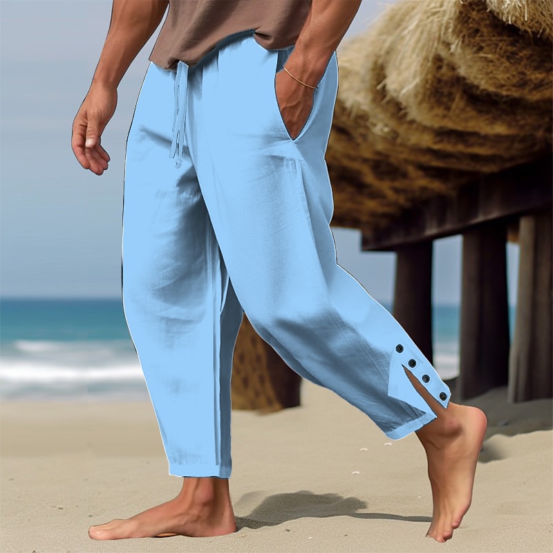 Men's Linen Pants Trousers Summer Pants Beach Pants Drawstring Elastic Waist Buttons Plain Comfort Breathable Full Length Casual Daily Holiday Fashion Classic Style White Blue3