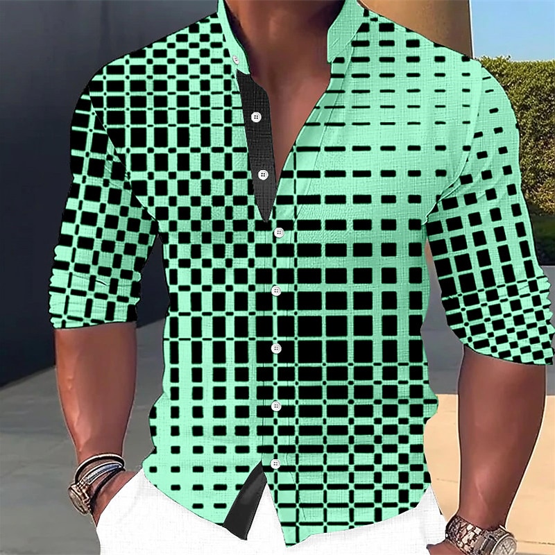 Men's Plaid / Check Geometric Pattern Geometry Shirt Button Up Shirt Long Sleeve Fashion Streetwear Designer Outdoor Casual Daily Summer Spring Fall Stand Collar Print Black White Light Green Pink3