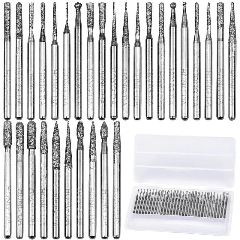 30Pcs Diamond Grinding Burr Needle Point Engraving Carving Polishing For Glass Jade Stone 3mm Drill Bit Rotary Tool Set