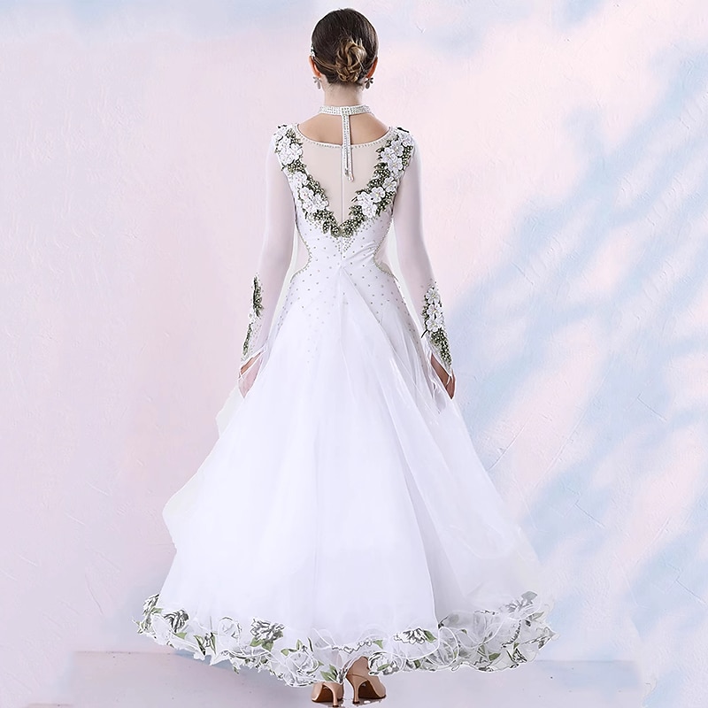Ballroom Dance Dress Floral Print Ruffle Women's Performance Long Sleeve Natural Tulle4