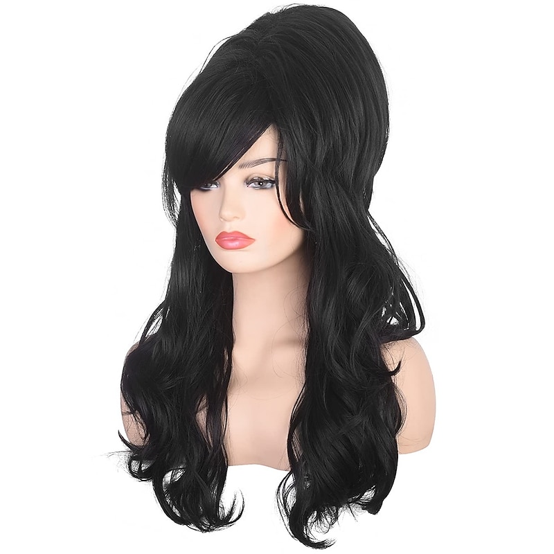 Women Black Beehive Wig Long Curly Wavy Bouffant Heat Resistant Synthetic Hair wigs for Womens Vintage Costume Cosplay Carnival Party Halloween Wigs2