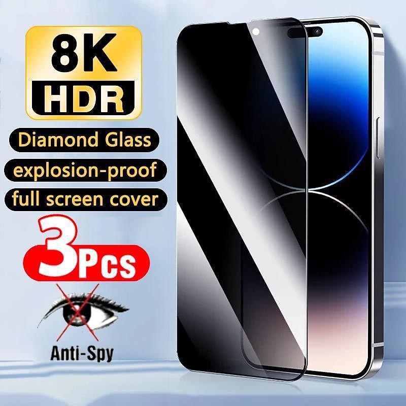 3 pcs Screen Protector For Apple iPhone 16 iPhone 15 Pro Max Plus iPhone 14 13 12 11 Pro Max Mini X XR XS Max 8 7 Plus Tempered Glass Privacy Anti-Spy 9H Hardness Anti-Fingerprint Explosion Proof 3D