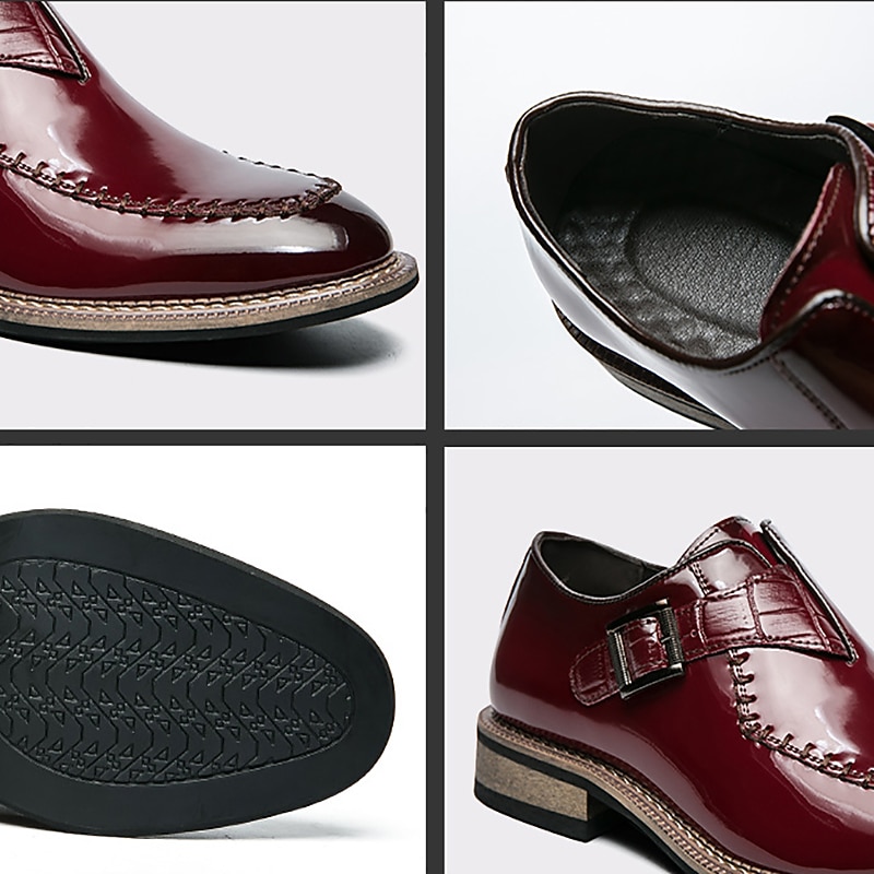 Men's Burgundy Patent Faux Leather Oxfords Dress Shoes with Buckle - Elegant Formal Shoes for Weddings and Business Events4